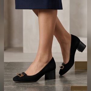 Michael Kors Black Suede Block Heel Pumps with Gold Accent